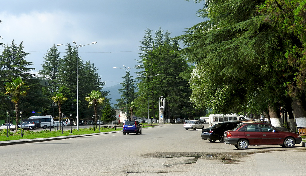Martvili belvárosa fenyőfákkal és pálmákkal.